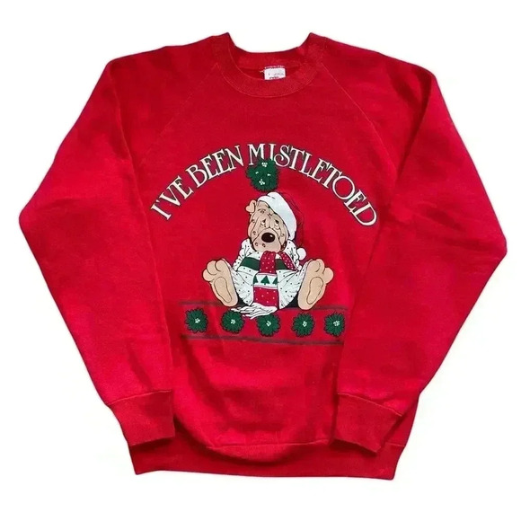 Vintage 90s Fruit of the Loom Christmas Sweater Crewneck Sweatshirt Mistletoed L - Picture 1 of 9